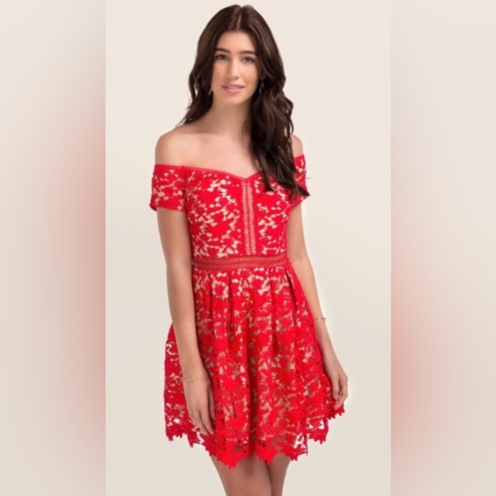 Francesca’s off shoulder, red lace dress